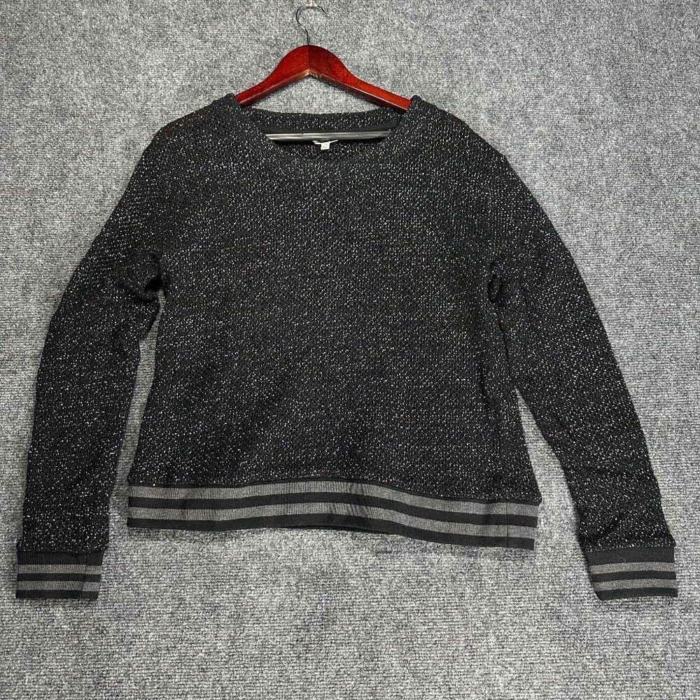 Splendid Sweater Womens Medium Black Knit Silver Sparkle Long Sleeve Ribbed Hem